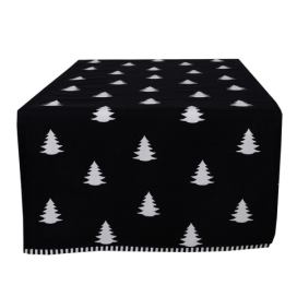 Černý bavlněný běhoun na stůl se stromky Black&White X-Mas - 50*140 cm Clayre & Eef