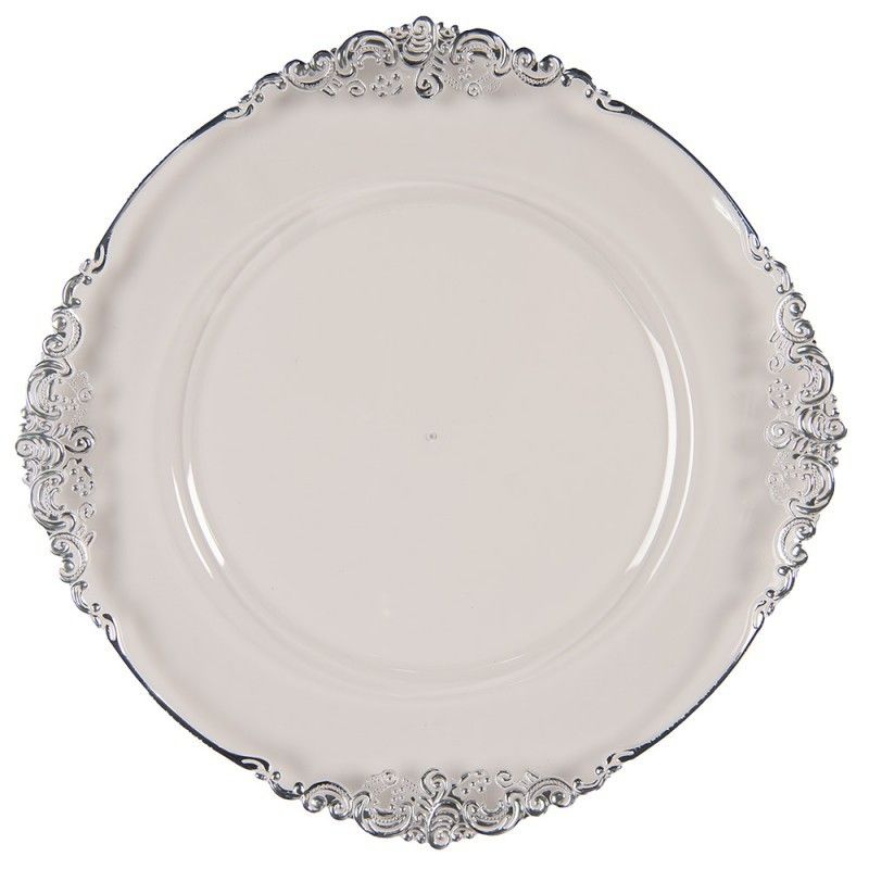 Transparentní servírovací talíř se stříbrným okrajem a zdobením - Ø 33*2 cm Clayre & Eef - LaHome - vintage dekorace