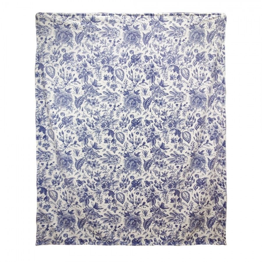 Krémový plyšový pléd s modrými květy - 130*170 cm Clayre & Eef - LaHome - vintage dekorace