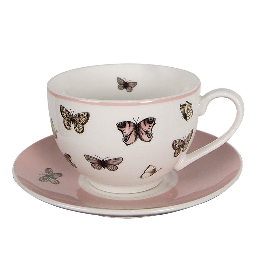 Porcelánový šálek s podšálkem s motýlky Butterfly Paradise - 12*9*6 cm / Ø14*2 cm / 200 ml Clayre & Eef - LaHome - vintage dekorace