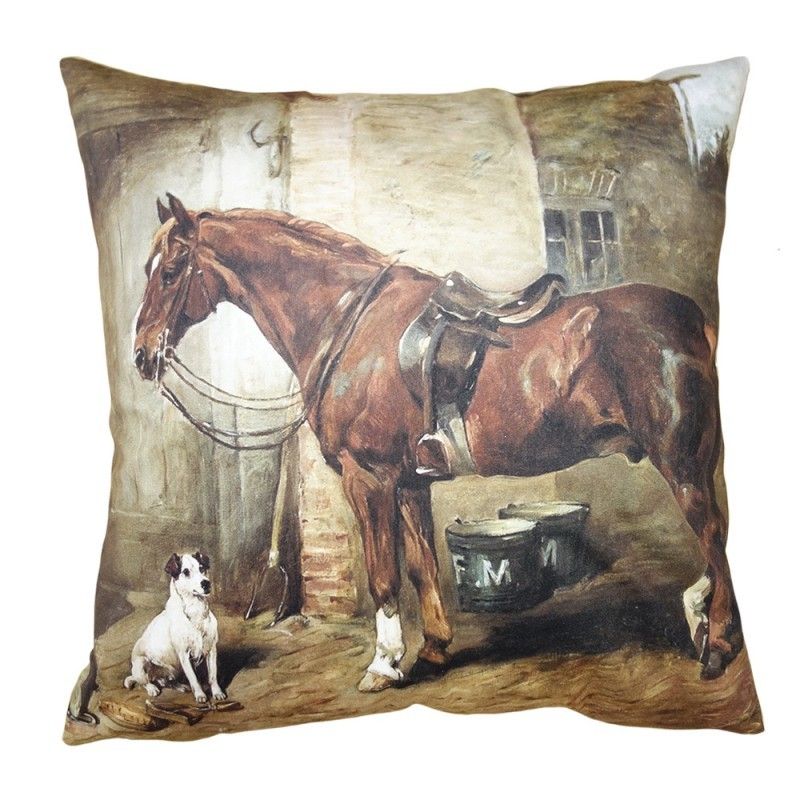 Sametový povlak na polštář s koněm ve stáji Horse - 45*45 cm Clayre & Eef - LaHome - vintage dekorace