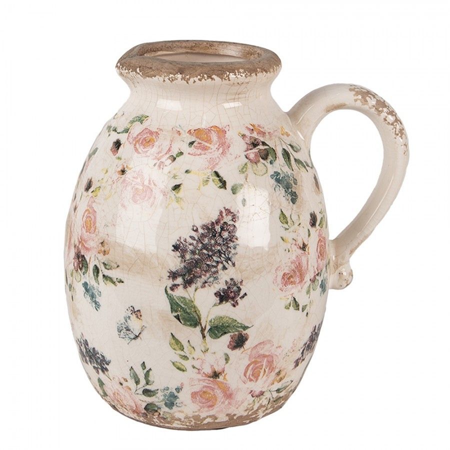 Béžový keramický dekorativní džbán s růžemi Rosina M - 17*13*18 cm Clayre & Eef - LaHome - vintage dekorace