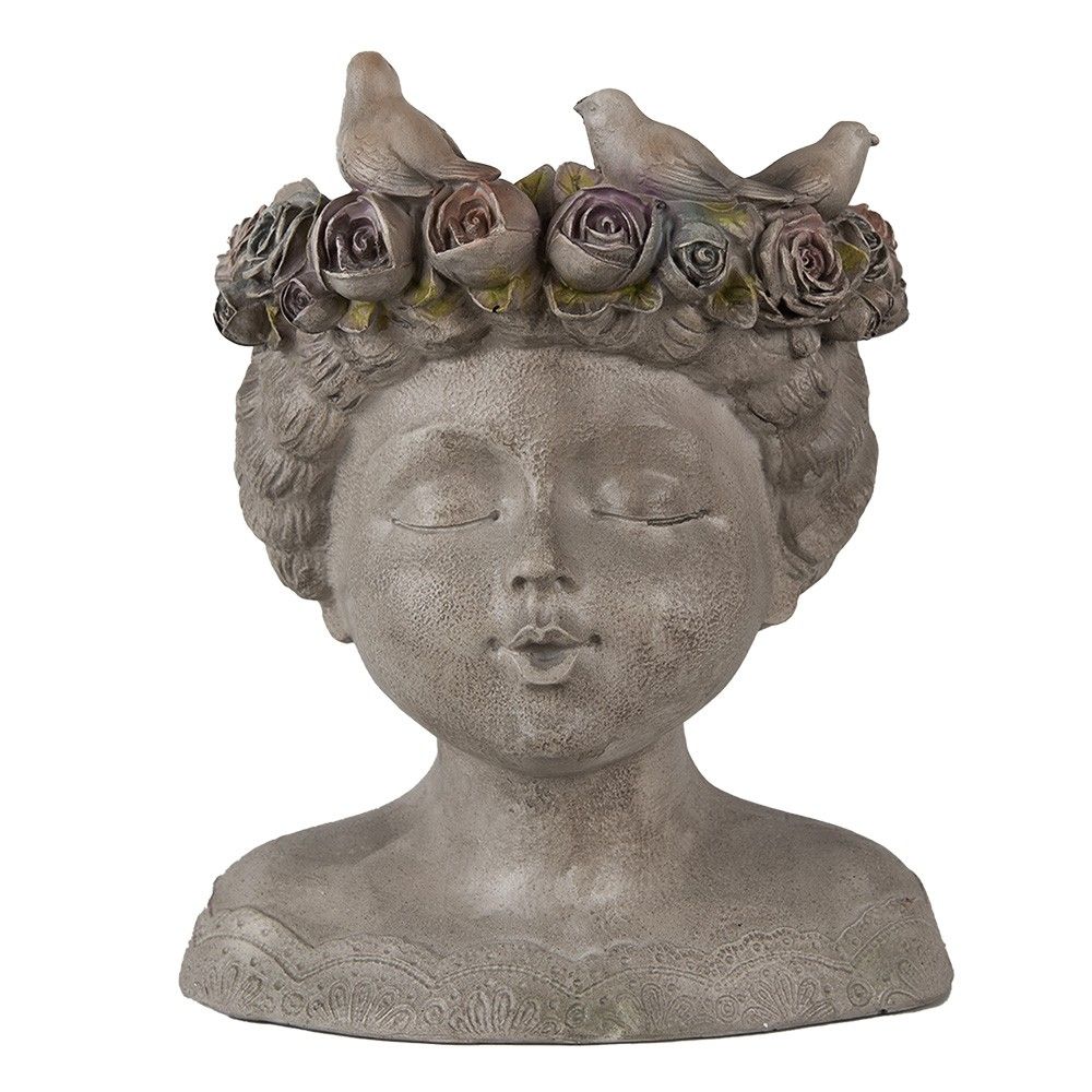 Šedý antik květináč hlava ženy s růžemi a ptáčky - 22*20*26 cm Clayre & Eef - LaHome - vintage dekorace