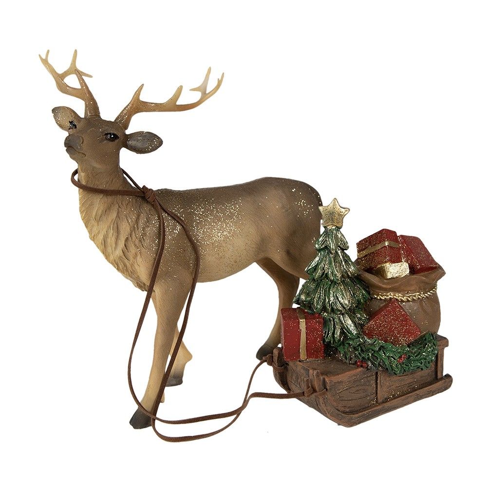 Dekorace vánoční socha Jelen se sáněmi a dárky - 30*9*20 cm Clayre & Eef - LaHome - vintage dekorace