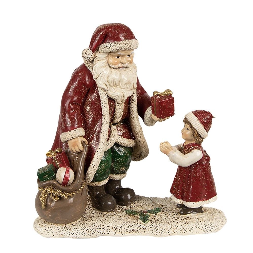 Červená vánoční dekorace socha Santa s děvčátkem - 14*9*14 cm Clayre & Eef - LaHome - vintage dekorace
