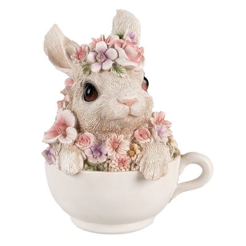 Dekorativní soška králíček v šálku posetý květinami - 13*10*15cm Clayre & Eef - LaHome - vintage dekorace