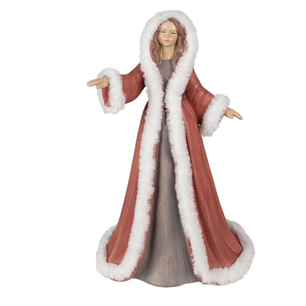 Vánoční dekorace socha Anděl v červeném kabátku s kožíškem - 26*20*40 cm Clayre & Eef - LaHome - vintage dekorace