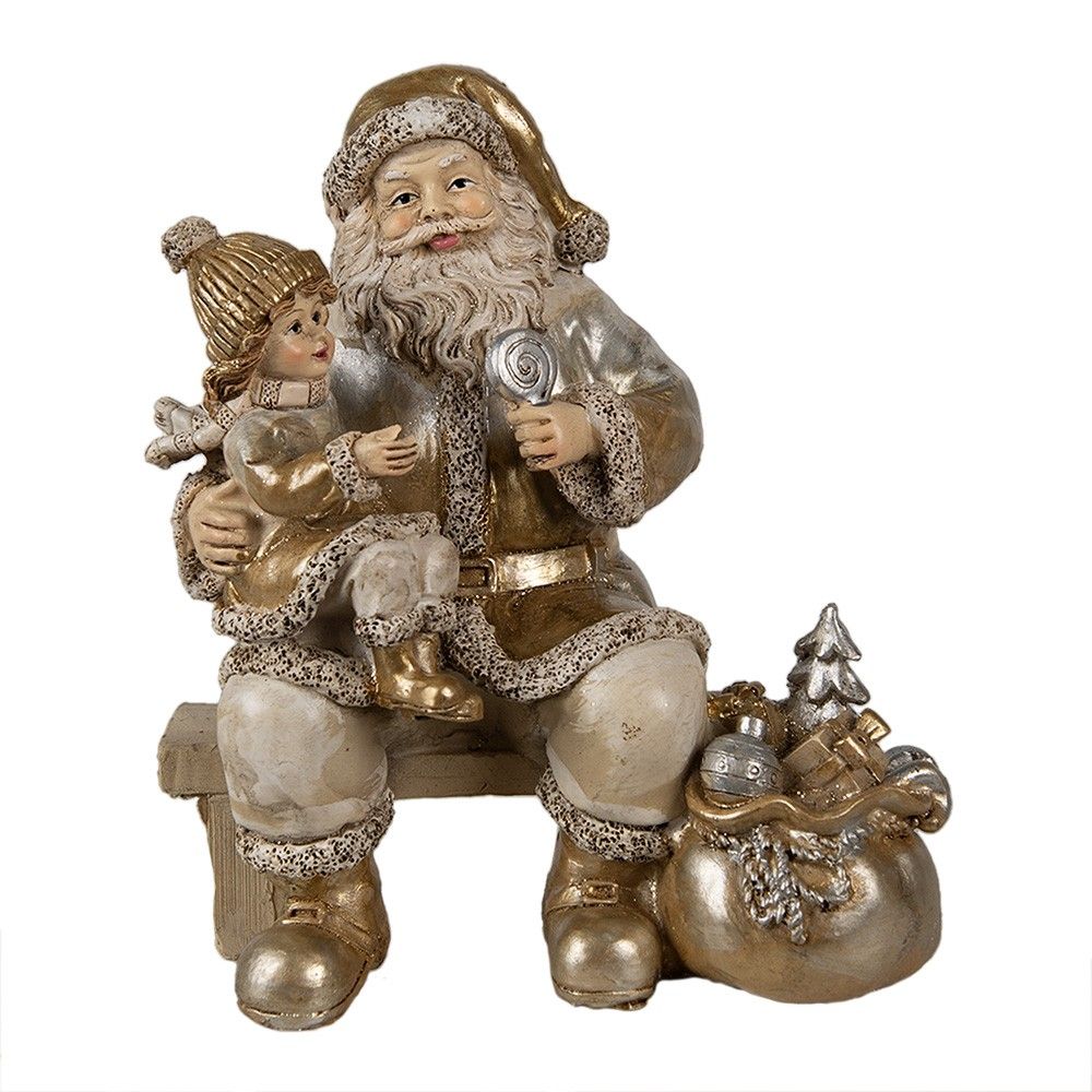 Zlatá vánoční dekorace Santa s děvčátkem a dárky - 15*11*17 cm Clayre & Eef - LaHome - vintage dekorace