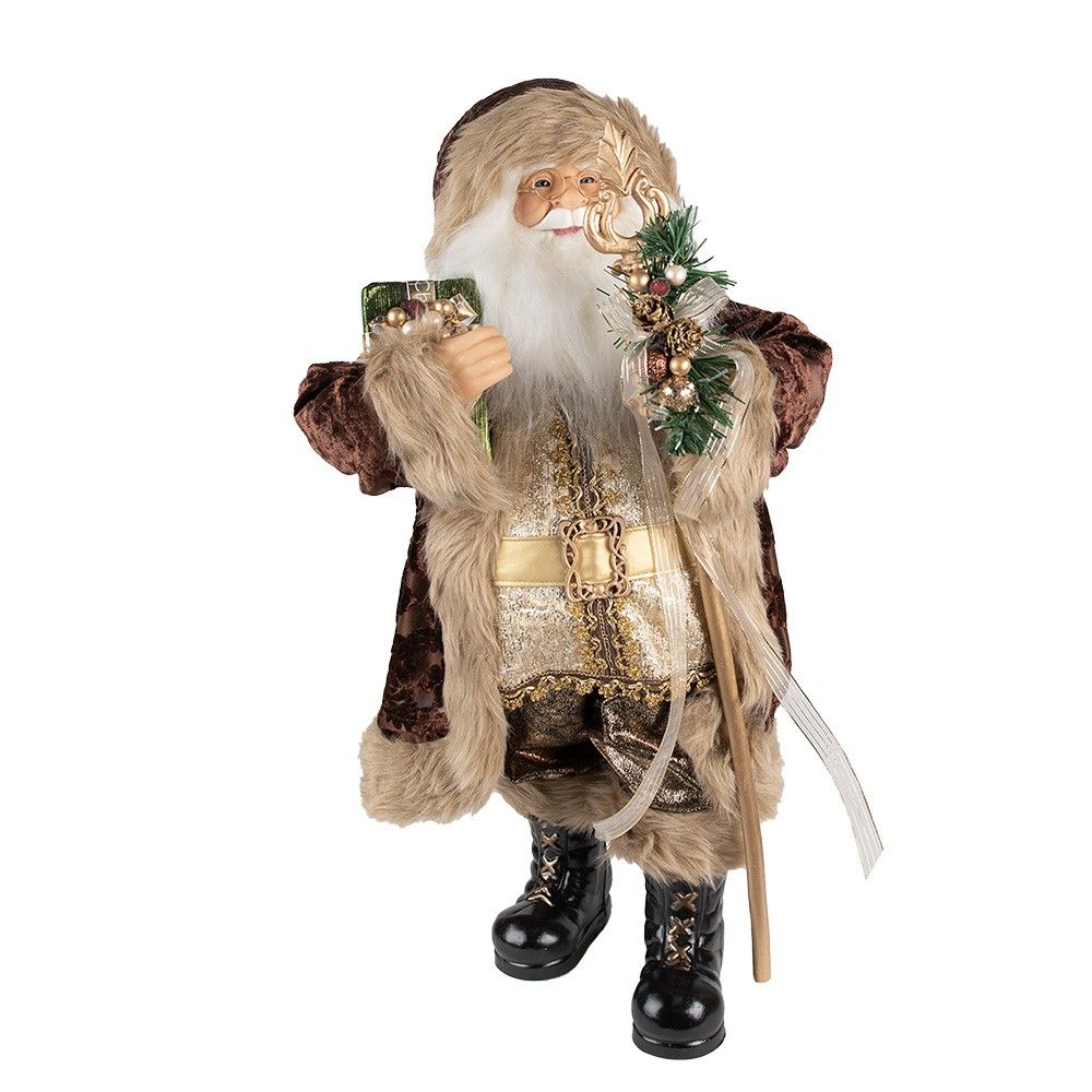 Vánoční dekorace Santa v hnědém kabátě a s holí - 29*20*63 cm Clayre & Eef - LaHome - vintage dekorace