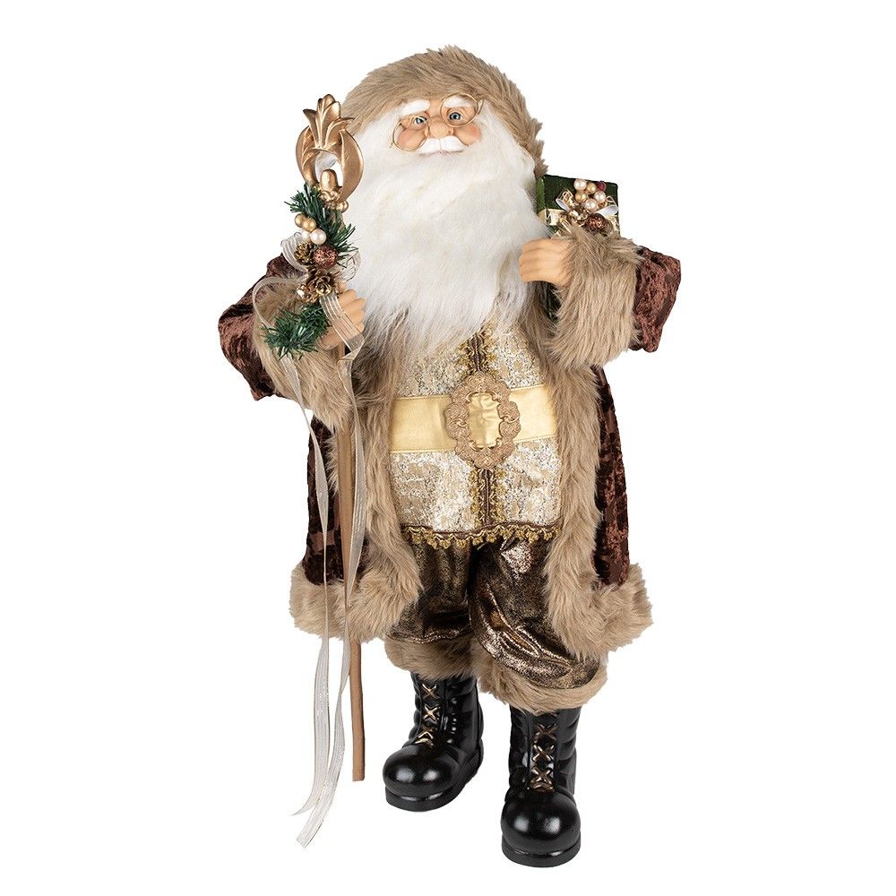 Vánoční dekorace Santa v hnědém kabátě a s holí - 37*29*82 cm Clayre & Eef - LaHome - vintage dekorace