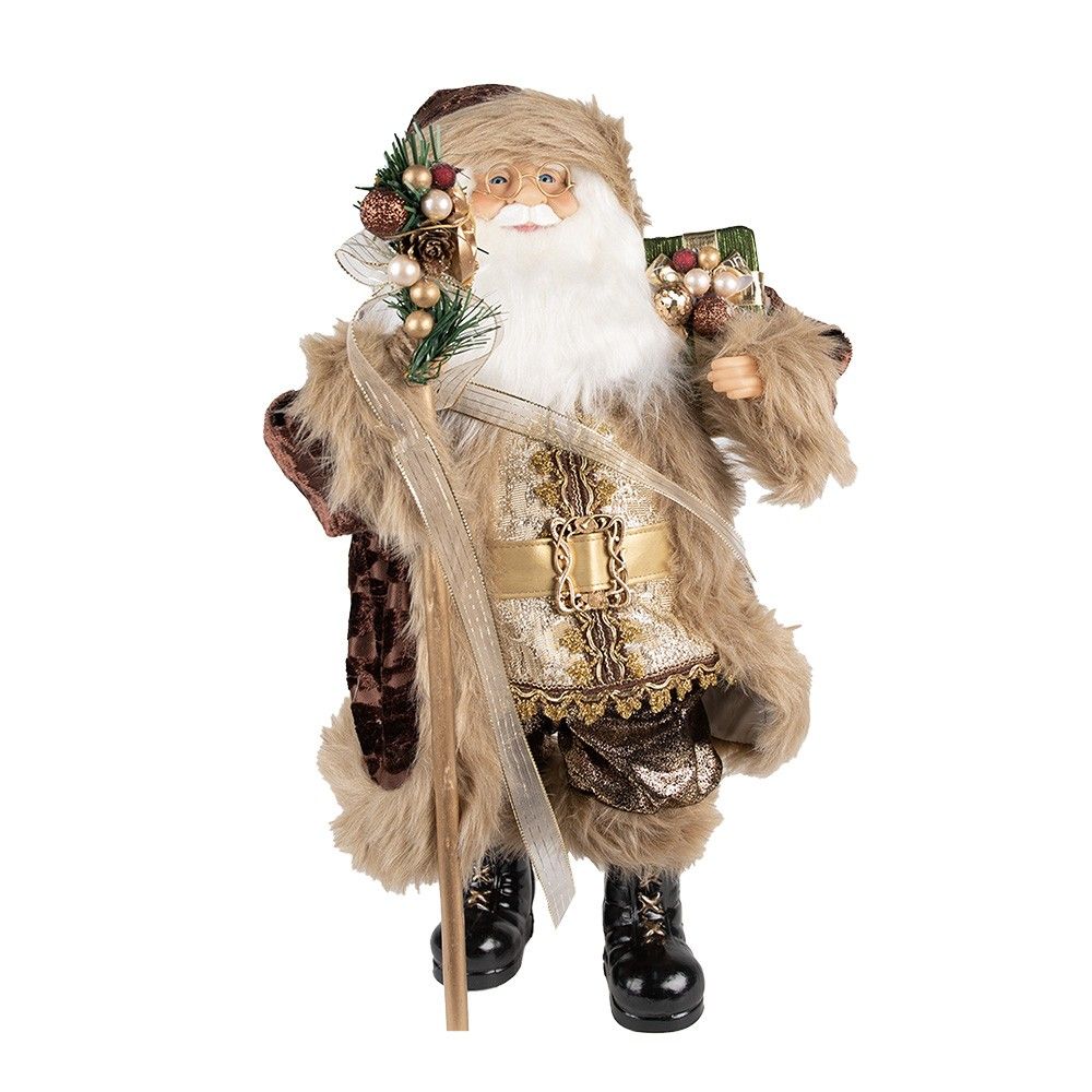 Vánoční dekorace Santa v hnědém kabátě a s holí - 26*16*47 cm Clayre & Eef - LaHome - vintage dekorace