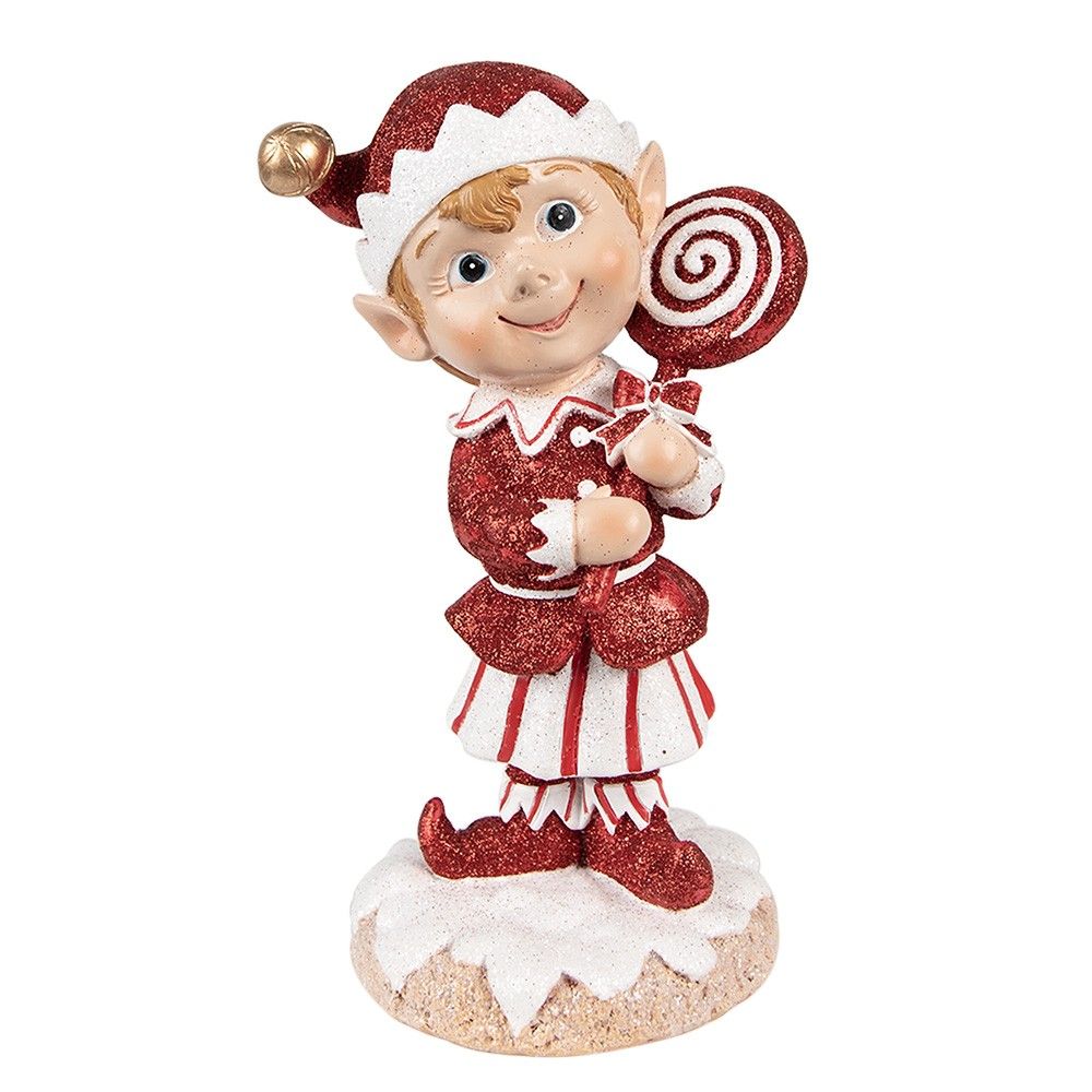 Bílo-červená vánoční dekorace Elf s lízátkem - 12*9*20 cm Clayre & Eef - LaHome - vintage dekorace