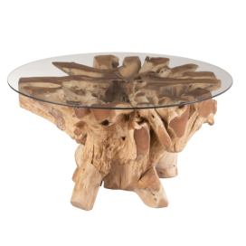 Přírodní coffee stůl z teakového dřeva a skleněnou deskou na kmeni Raoul teak - Ø90*45cm J-Line by Jolipa