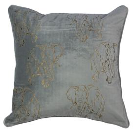 Šedý sametový polštář se zlatými slony - 45*45*16cm Mars & More LaHome - vintage dekorace