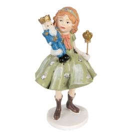 Dekorace socha děvčátko v zelených šatech držící Louskáčka - 7*6*12 cm Clayre & Eef