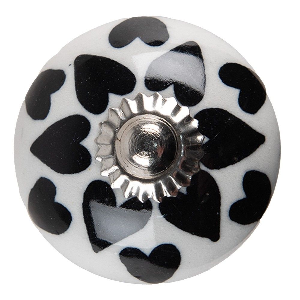 Bílo-černá keramická úchytka knopka se srdíčky - Ø 4*4 cm Clayre & Eef - LaHome - vintage dekorace
