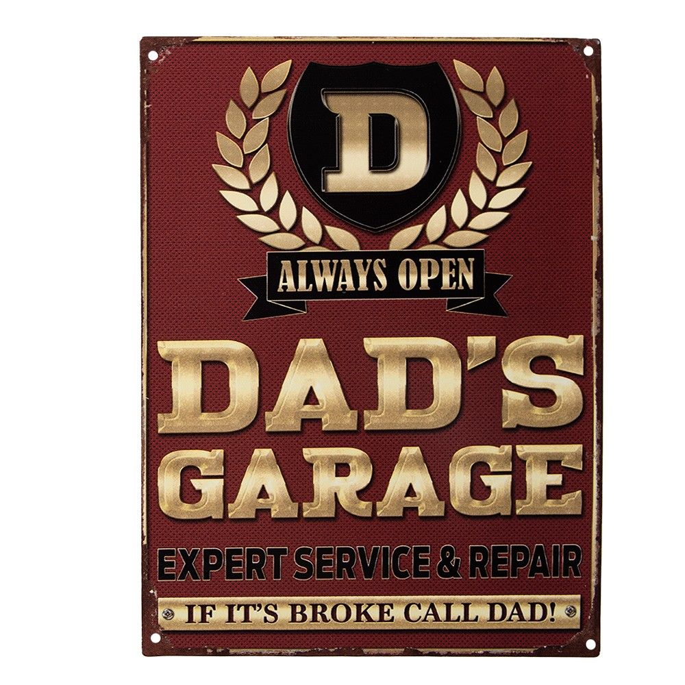 Tmavě červená antik nástěnná kovová cedule Dad\'s Garage - 25*1*33 cm Clayre & Eef - LaHome - vintage dekorace