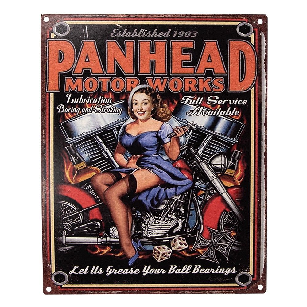 Barevná antik nástěnná kovová cedule Panhead Motor Works- 20*1*25 cm Clayre & Eef - LaHome - vintage dekorace
