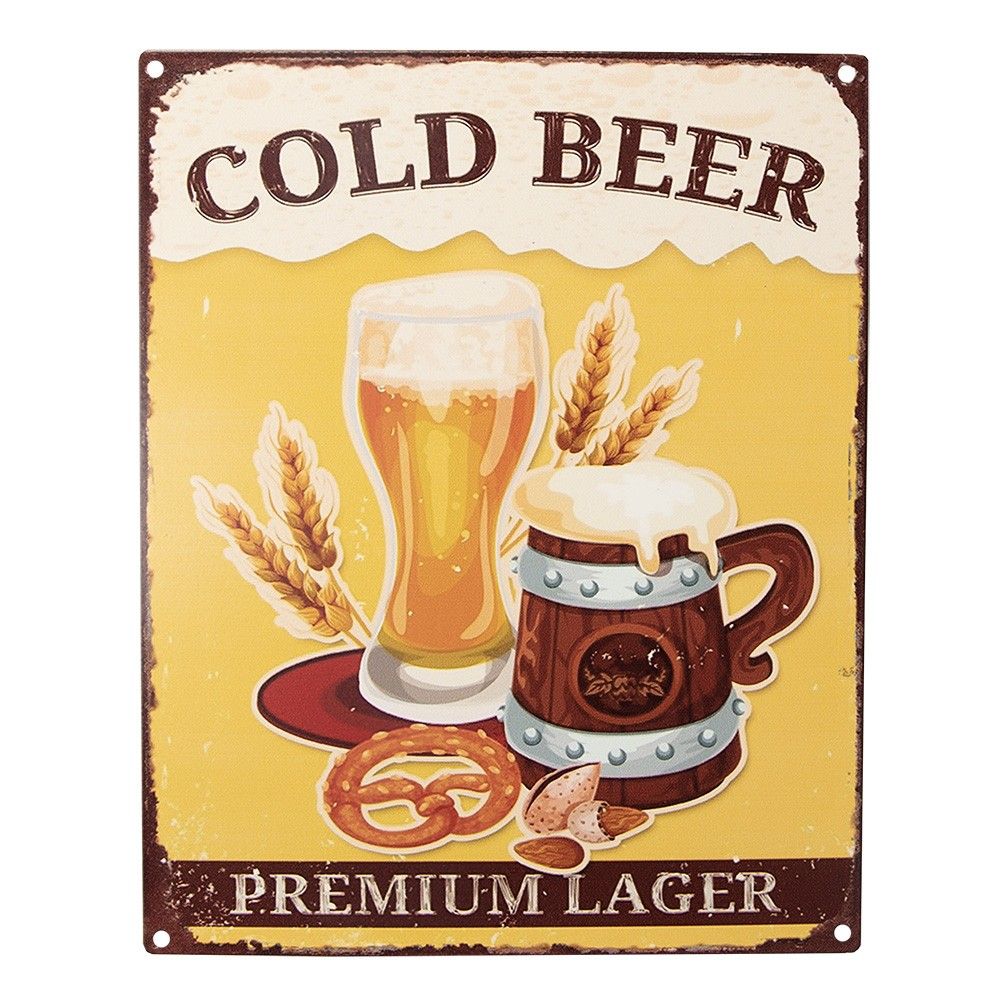 Žlutá antik nástěnná kovová cedule Cold Beer - 20*1*25 cm Clayre & Eef - LaHome - vintage dekorace