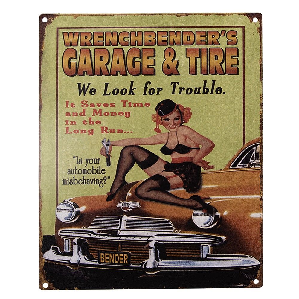Barevná antik nástěnná kovová cedule Garage & Tire - 20*1*25 cm Clayre & Eef - LaHome - vintage dekorace