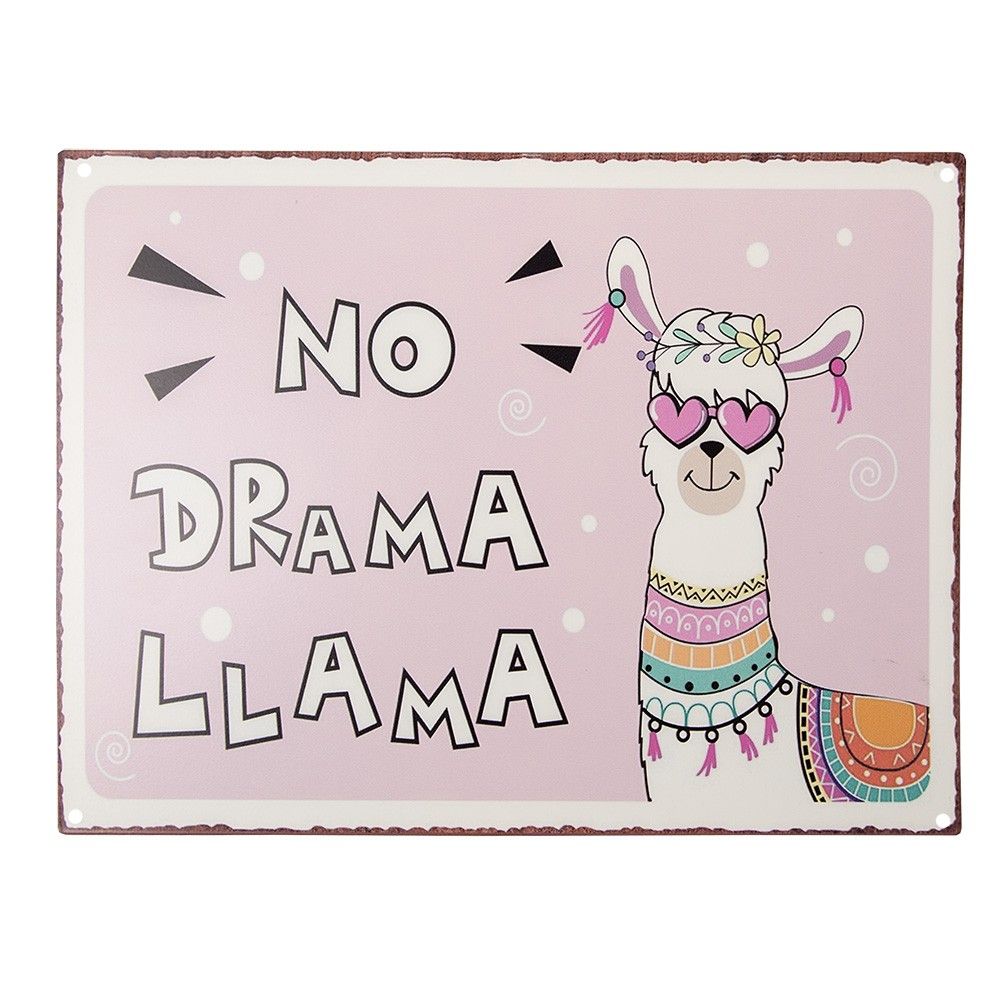 Růžová nástěnná kovová cedule No Drama Llama - 33*1*25 cm Clayre & Eef - LaHome - vintage dekorace