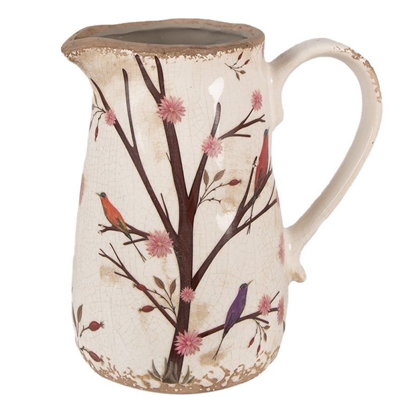 Béžový keramický džbán s květy a ptáčky Birdie M - 16*12*18 cm Clayre & Eef - LaHome - vintage dekorace