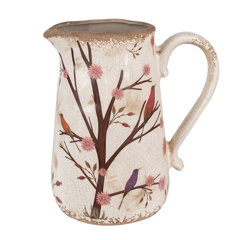 Béžový keramický džbán s květy a ptáčky Birdie L - 21*15*23 cm Clayre & Eef - LaHome - vintage dekorace