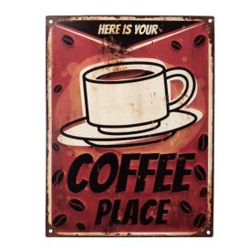 Červená antik nástěnná kovová cedule Coffee Place - 25*1*33 cm Clayre & Eef