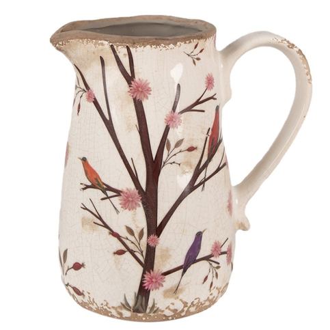 Béžový keramický džbán s květy a ptáčky Birdie M - 16*12*18 cm Clayre & Eef LaHome - vintage dekorace