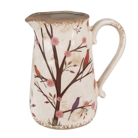 Béžový keramický džbán s květy a ptáčky Birdie L - 21*15*23 cm Clayre & Eef LaHome - vintage dekorace