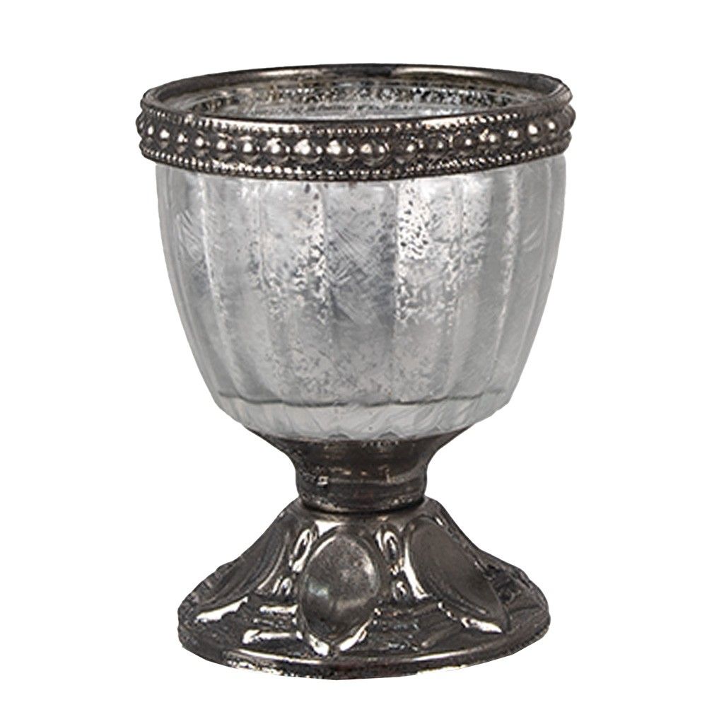 Stříbrno-šedý skleněný svícen na noze na čajovou svíčku - Ø 6*8 cm Clayre & Eef - LaHome - vintage dekorace