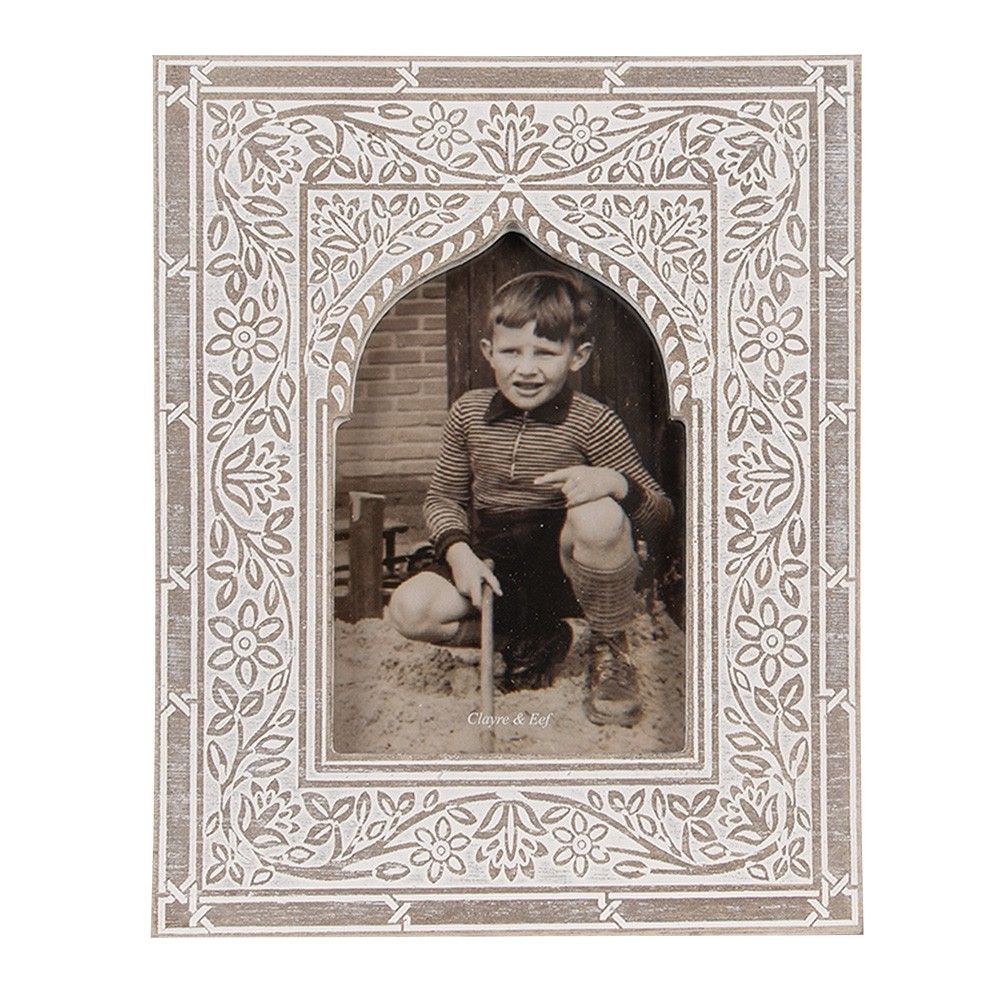 Bílo-hnědý dřevěný fotorámeček s květy - 18*1*23 cm / 10*15 cm Clayre & Eef - LaHome - vintage dekorace