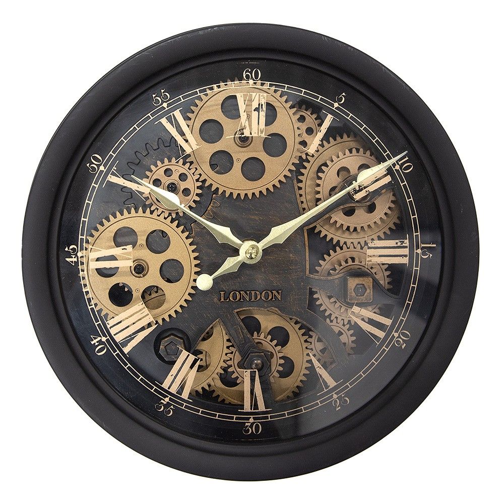 Černé antik nástěnné hodiny s ozubenými kolečky London - Ø 30*8 cm / 3*AA Clayre & Eef - LaHome - vintage dekorace