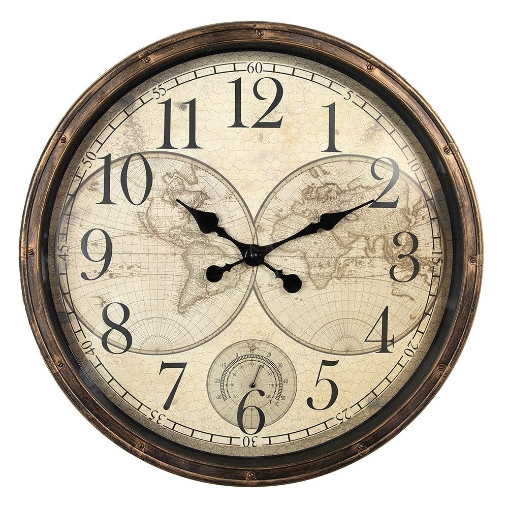 Hnědé nástěnné hodiny Zeměkoule - Ø 50*5 cm / 1*AA Clayre & Eef - LaHome - vintage dekorace