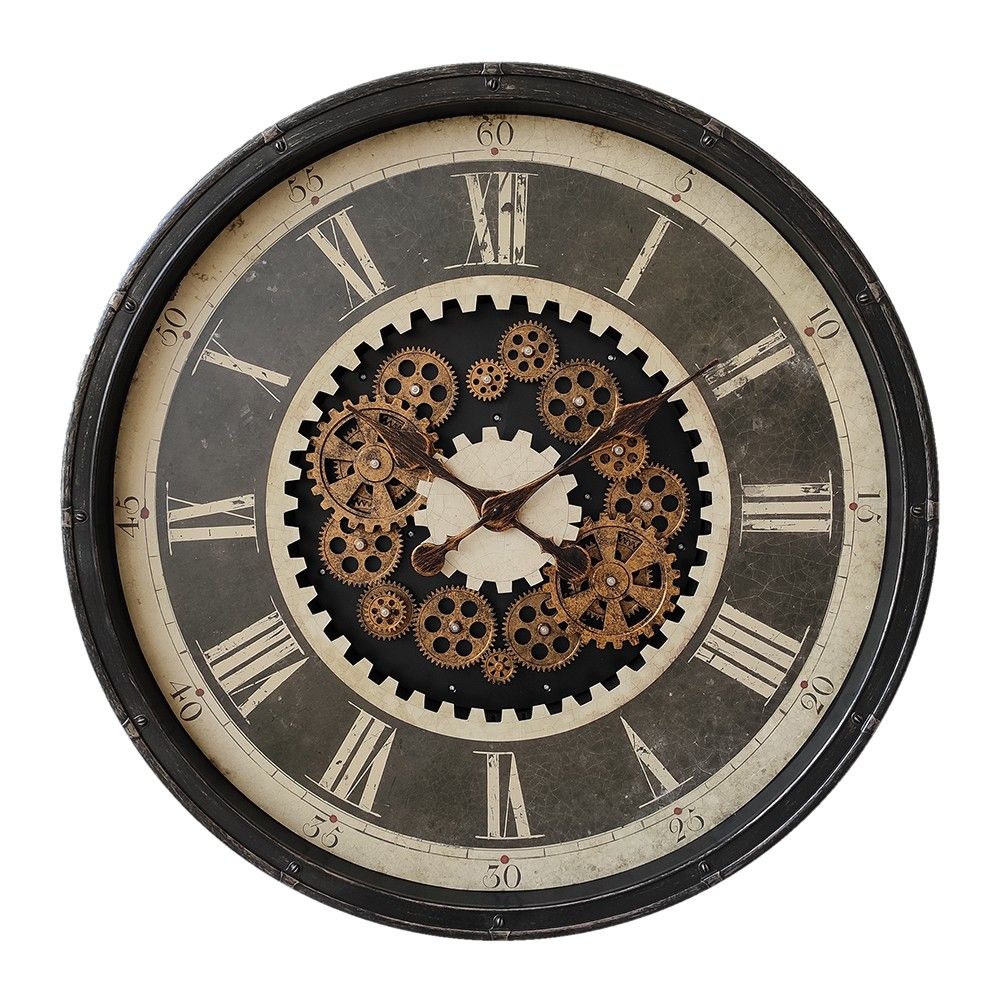 Černé antik nástěnné hodiny s ozubenými kolečky - Ø 76*8 cm / 3*AA Clayre & Eef - LaHome - vintage dekorace