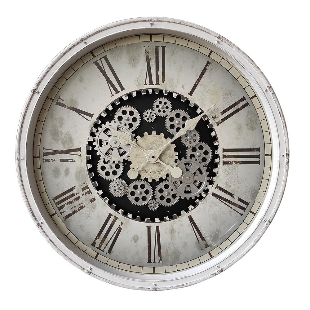 Bílé antik nástěnné hodiny s ozubenými kolečky Westminster - Ø 76*8 cm / 3*AA Clayre & Eef - LaHome - vintage dekorace