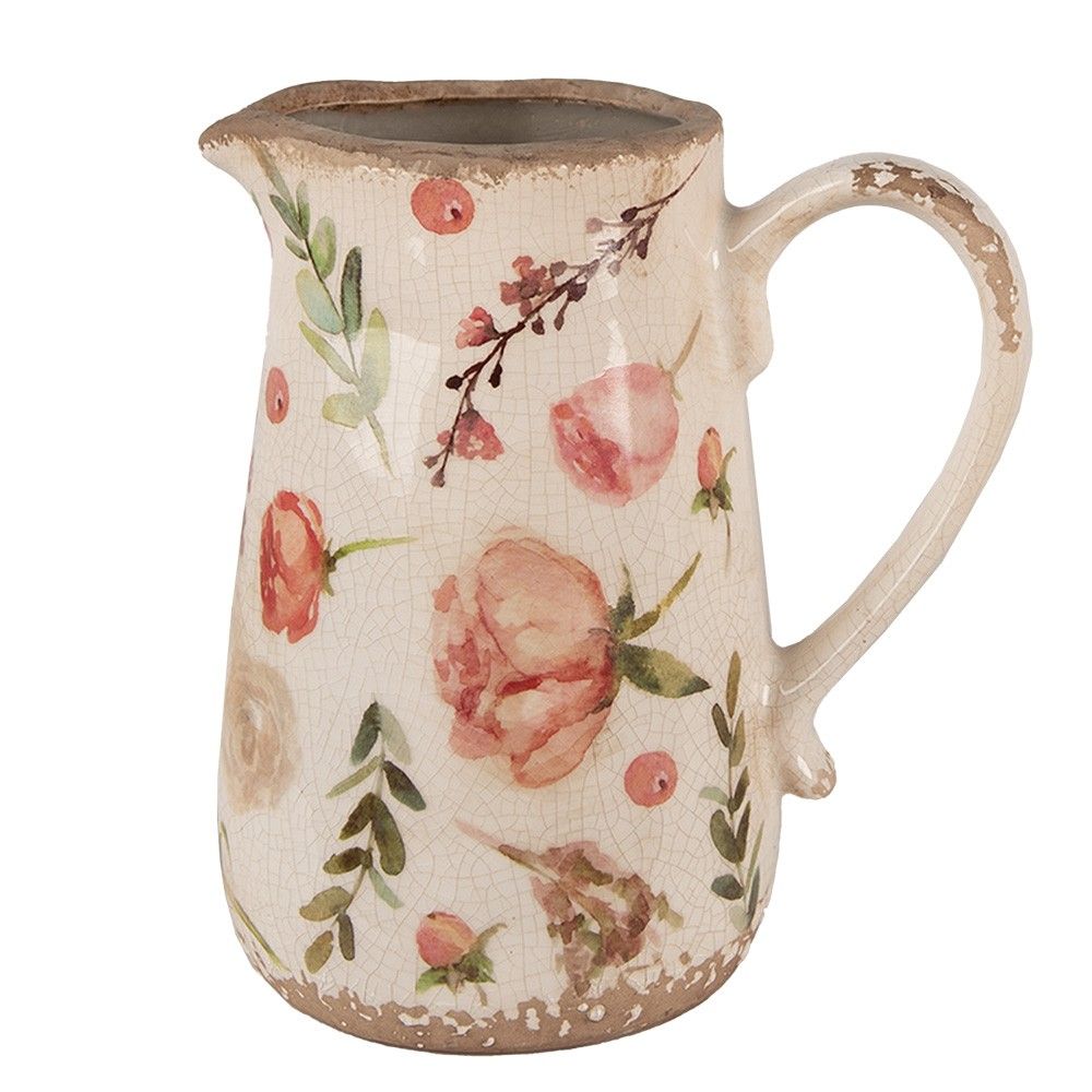 Béžový keramický džbán s růžovými květy Olia M - 17*12*18 cm Clayre & Eef - LaHome - vintage dekorace