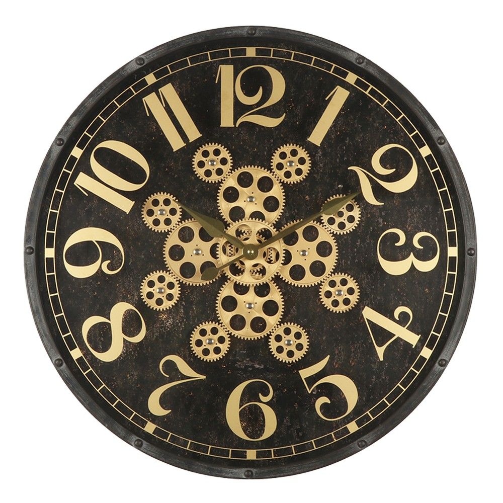 Černo-zlaté nástěnné hodiny s ozubenými kolečky - Ø 60*7 cm / 1*AA / 1*C Clayre & Eef - LaHome - vintage dekorace