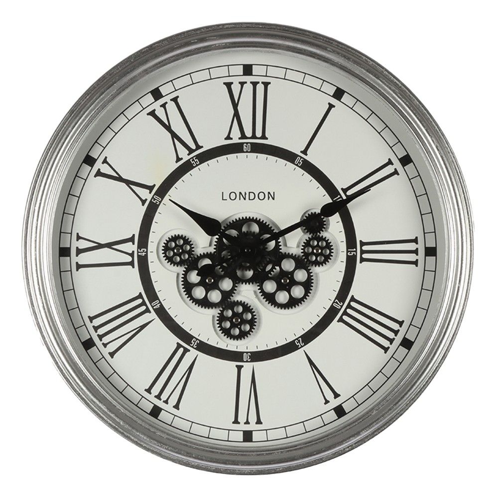 Stříbrné antik nástěnné hodiny s ozubenými kolečky London - Ø 60*10 cm Clayre & Eef - LaHome - vintage dekorace