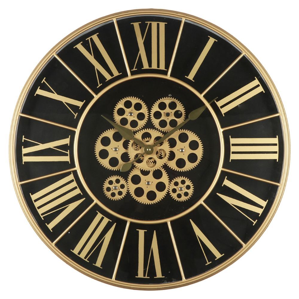 Černozlaté nástěnné hodiny s ozubenými kolečky - Ø 60*8 cm / 3*AA Clayre & Eef - LaHome - vintage dekorace