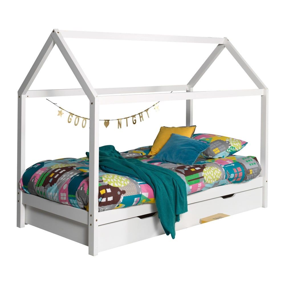 Bílá domečková dětská postel z borovicového dřeva s výsuvným lůžkem a úložným prostorem 90x200 cm DALLAS – Vipack - Bonami.cz