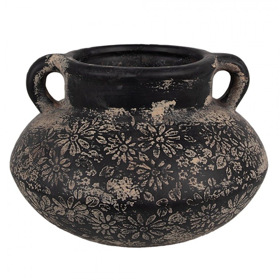 Černo-šedý keramický obal na květináč/ váza s uchy a květy - Ø 21*13 cm  Clayre & Eef - LaHome - vintage dekorace