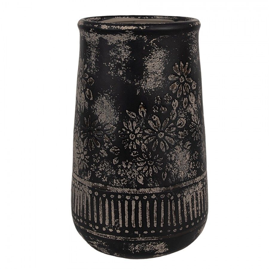Černo-šedá keramická váza s květy - Ø 15*23 cm  Clayre & Eef - LaHome - vintage dekorace