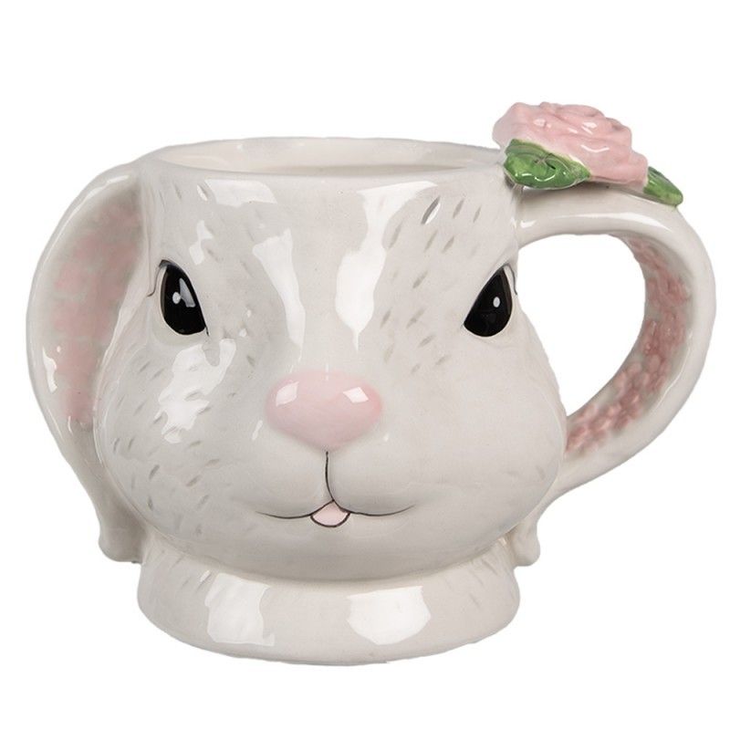 Růžovobílý keramický hrneček ve tvaru králíčka Rabbit - 16*11*11 cm / 450 ml Clayre & Eef - LaHome - vintage dekorace