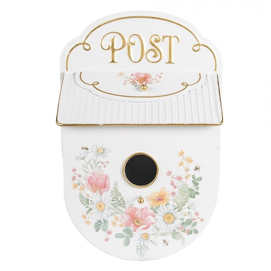 Bílá poštovní schránka ve tvaru ptačí budky Post s květy - 27*11*41 cm Clayre & Eef - LaHome - vintage dekorace