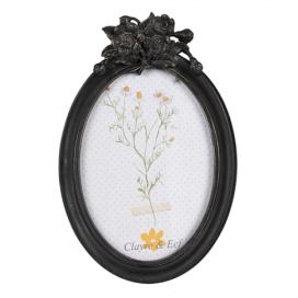 Černý antik oválný fotorámeček s květy - 14*3*21 cm / 10*15 cm Clayre & Eef LaHome - vintage dekorace