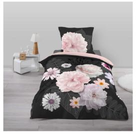 Černo-růžové bavlněné povlečení na jednolůžko 140x200 cm Floral – douceur d\'intérieur