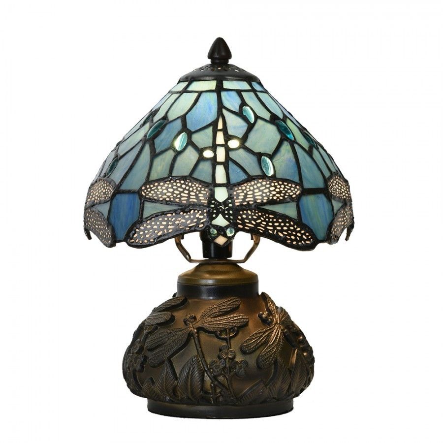 Modrá stolní lampa Tiffany Blue Dragonfly - Ø 20*28cm Clayre & Eef - LaHome - vintage dekorace
