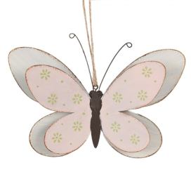 Růžovo-bílá kovová závěsná dekorace motýl S - 16*4*10 cm Clayre & Eef LaHome - vintage dekorace