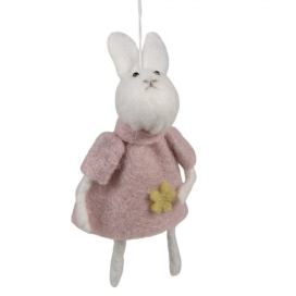 Růžový plstěný závěsný velikonoční králíček s kytičkou Magiccal - 6*3*13 cm Clayre & Eef